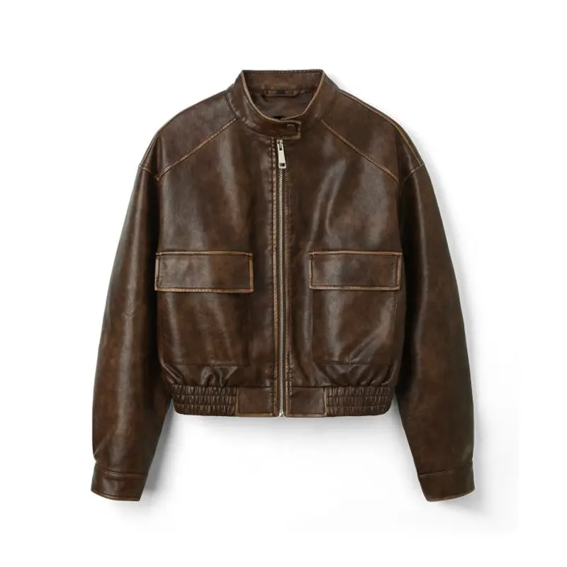 Gepolijst imitatieleer bikerjack in Maillard-stijl