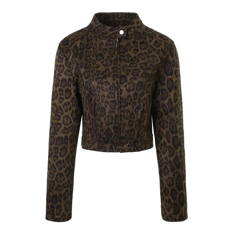 Suède cropped jack met ronde hals en luipaardprint
