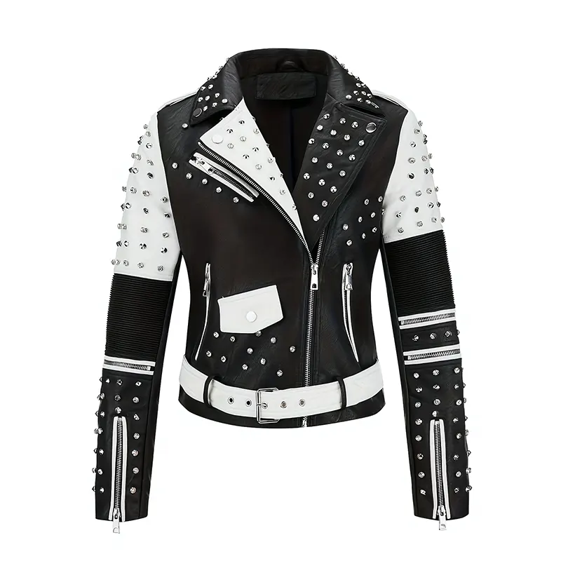 Geborduurd imitatieleer bikerjack met studs