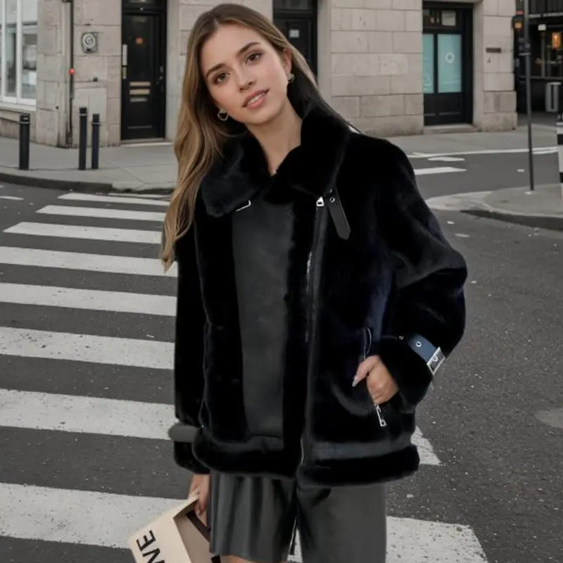 Color-block Convertible Collar Faux Fur Coat